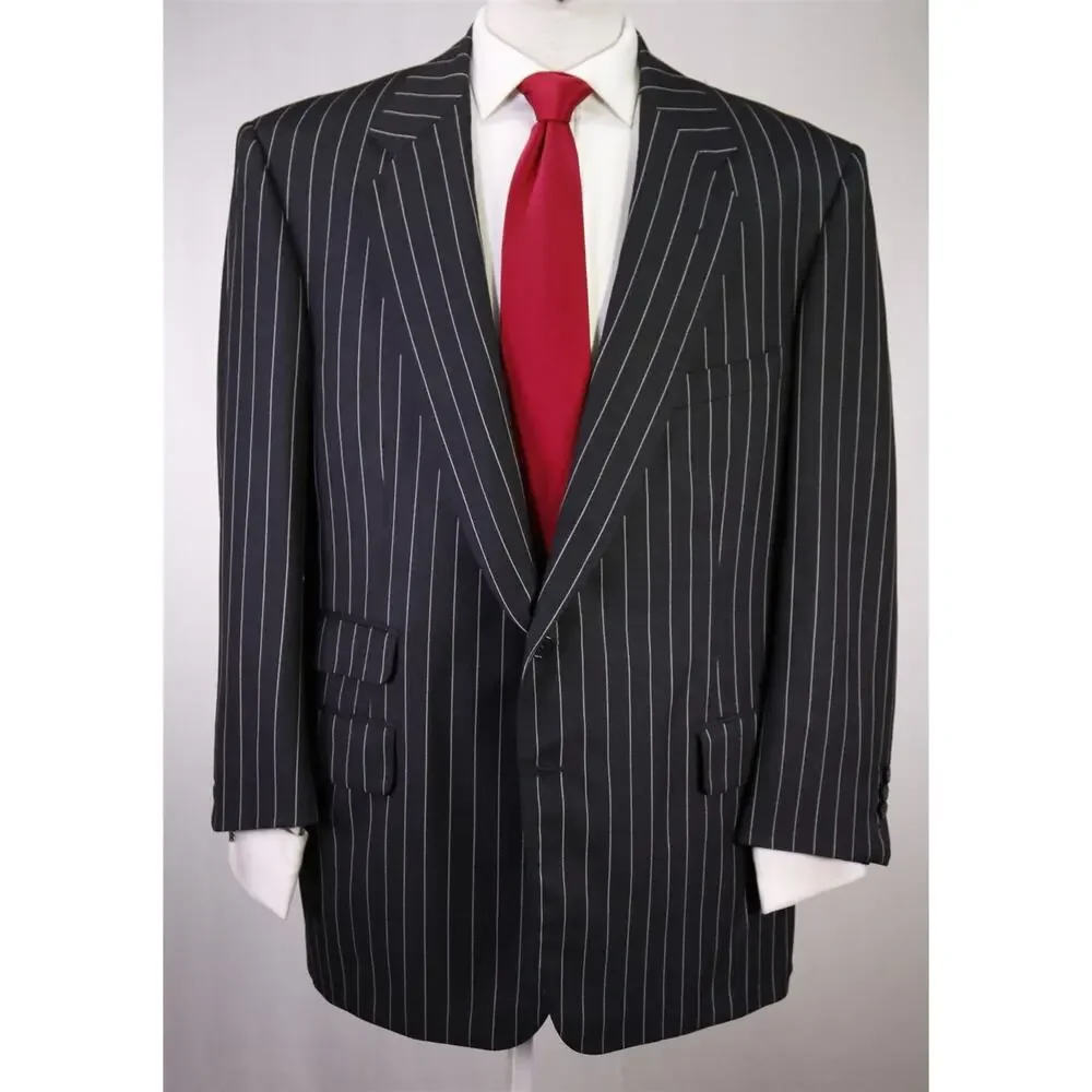 Edgar Pomeroy Custom Tailored Black Bold Pinstripe 2-Btn Wool Suit 46R